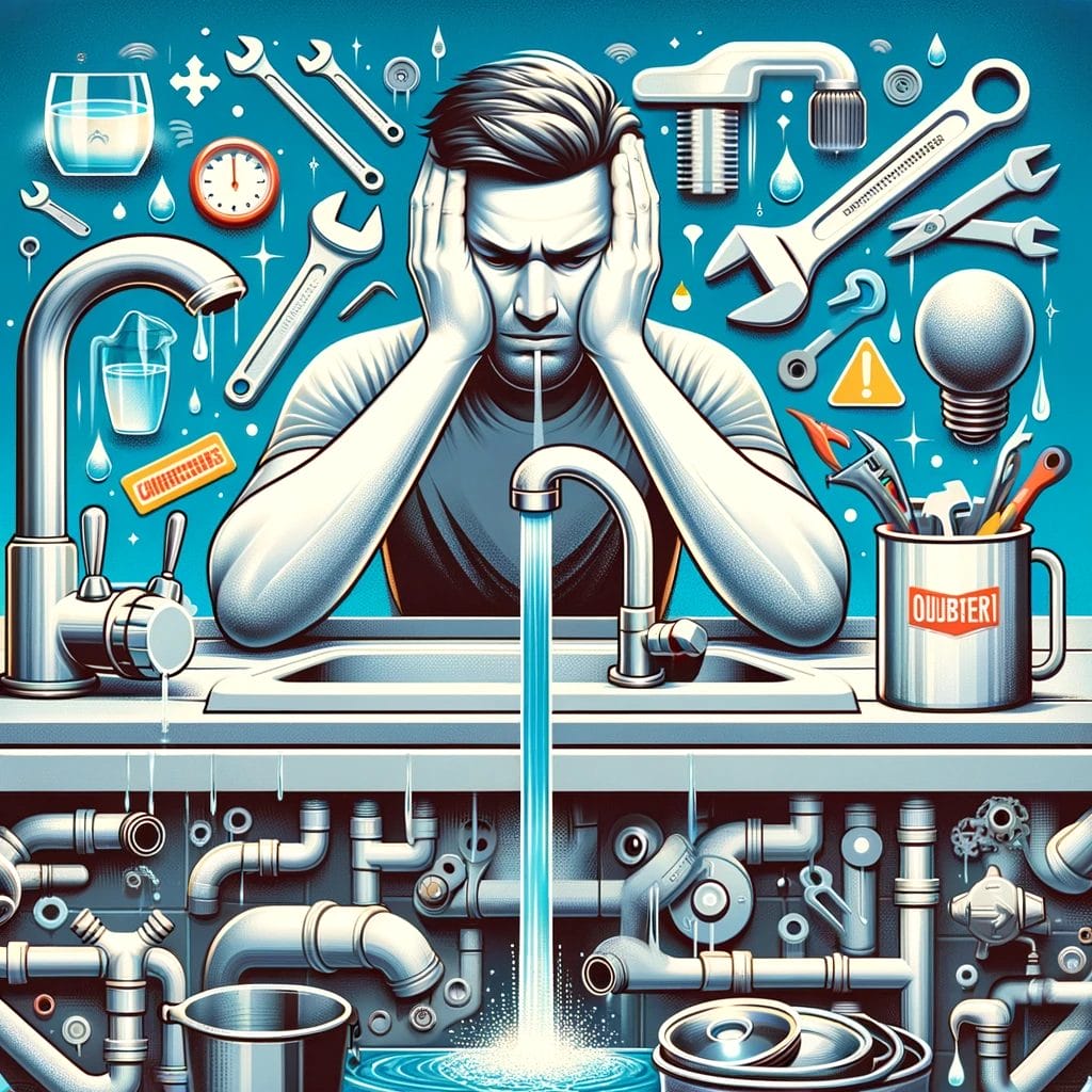 A person stressed by household maintenance tasks and decisions, illustrated by a plethora of tools, pipes, and home repair items swirling around their head.