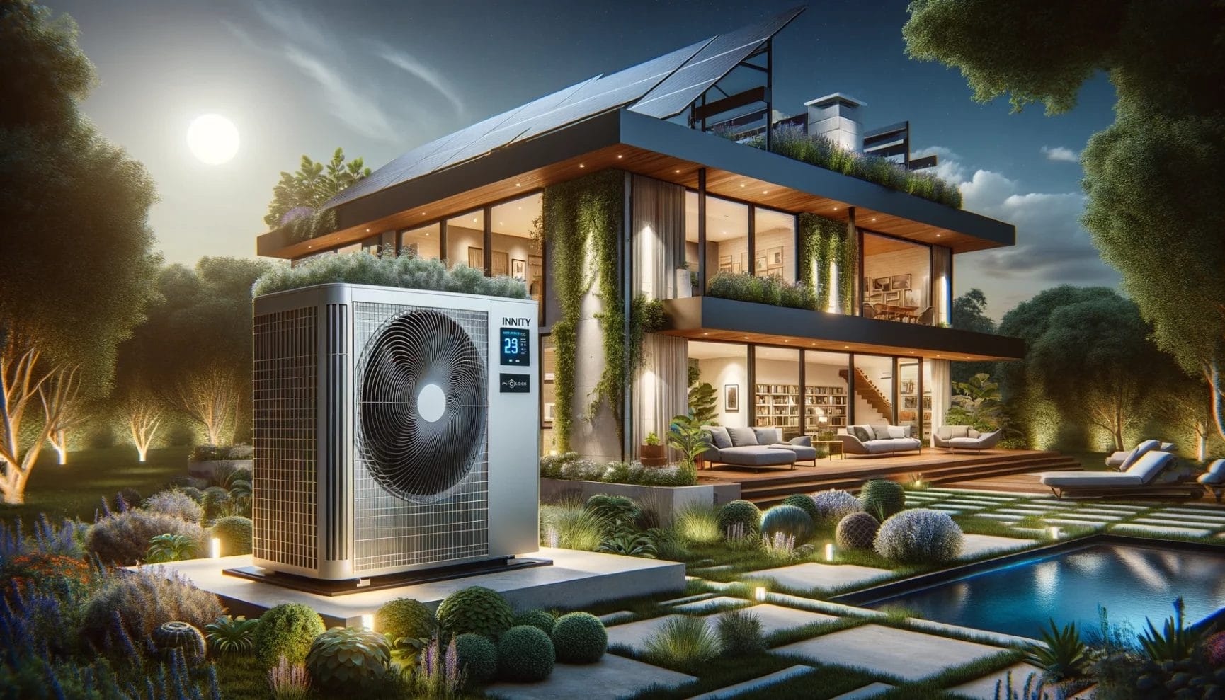 Modern sustainable home equipped with an energy-efficient air conditioning unit at dusk.