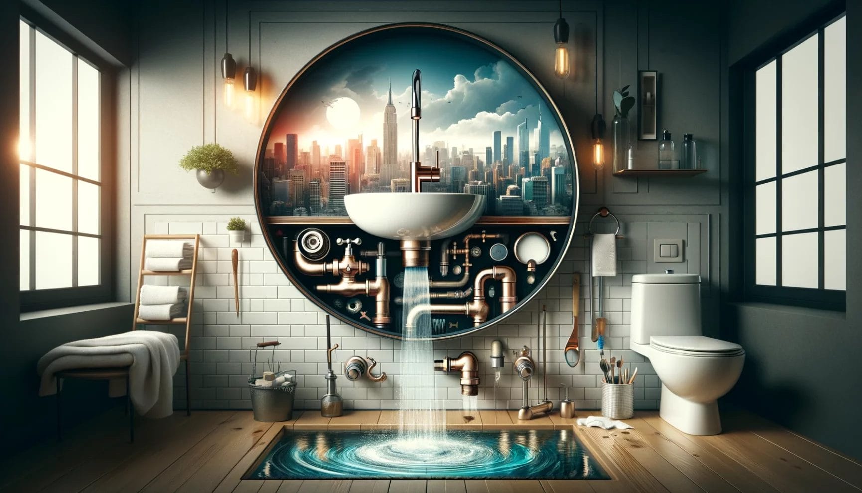 A surreal bathroom with a large mirror reflecting a futuristic cityscape, intricate pipe designs below the sink, and a water vortex on the floor.