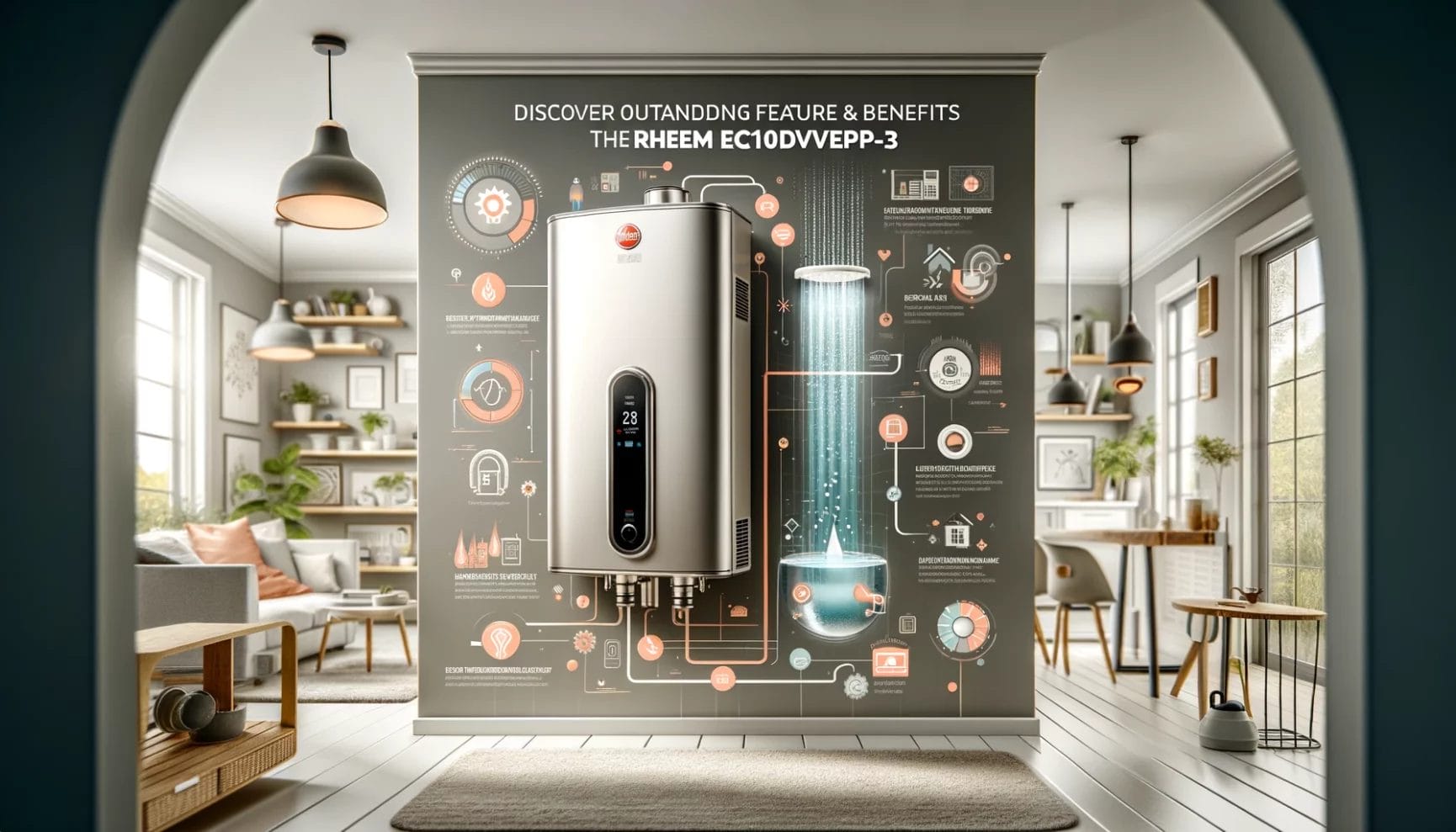 A promotional display in a home setting featuring the key features and benefits of the thermo eco110dwp3-p domestic appliance.
