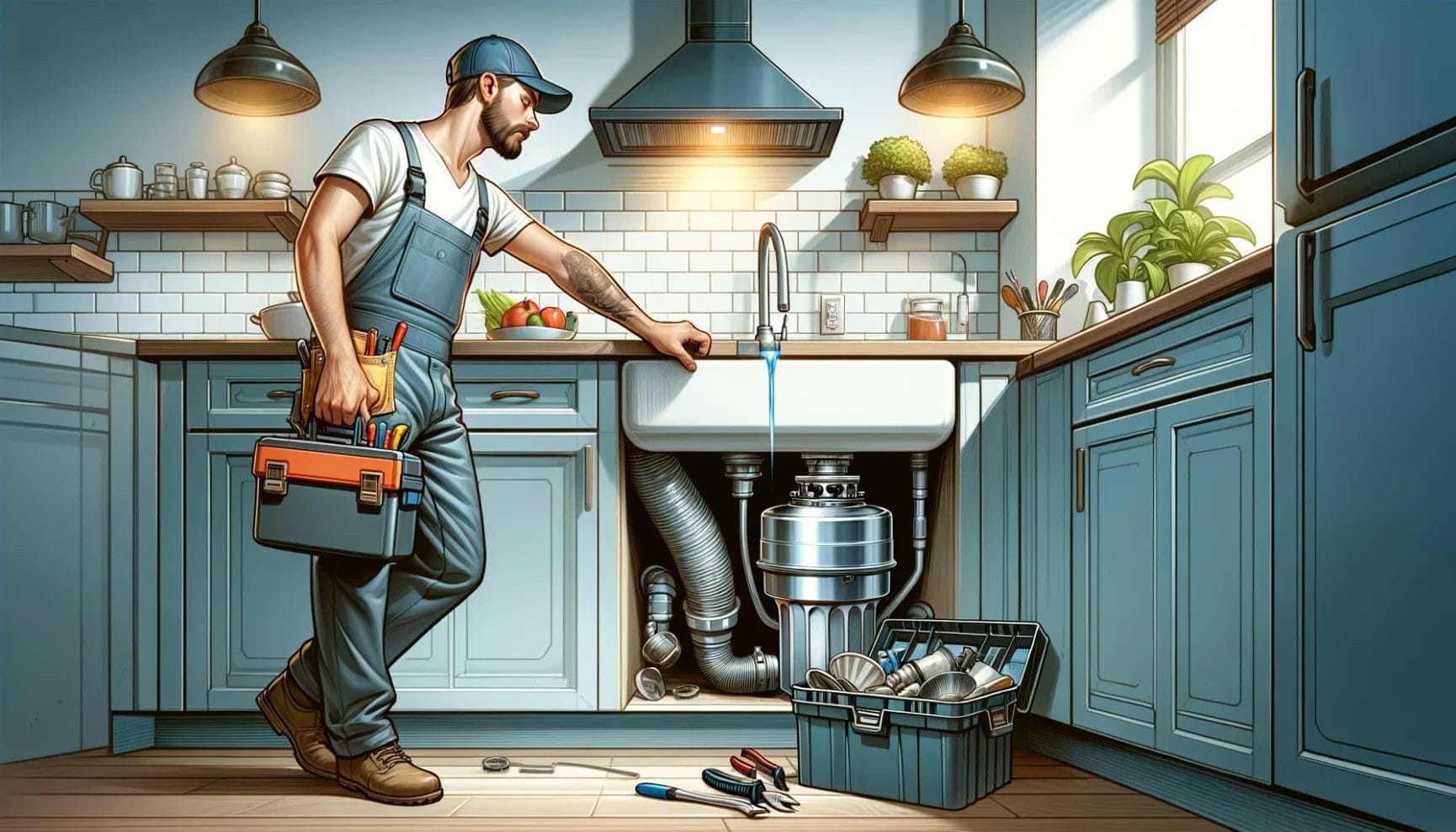 A plumber with a toolbox inspecting the sink plumbing in a kitchen.