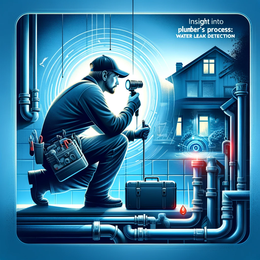 Plumber investigating water leak detection system in a stylized illustration.