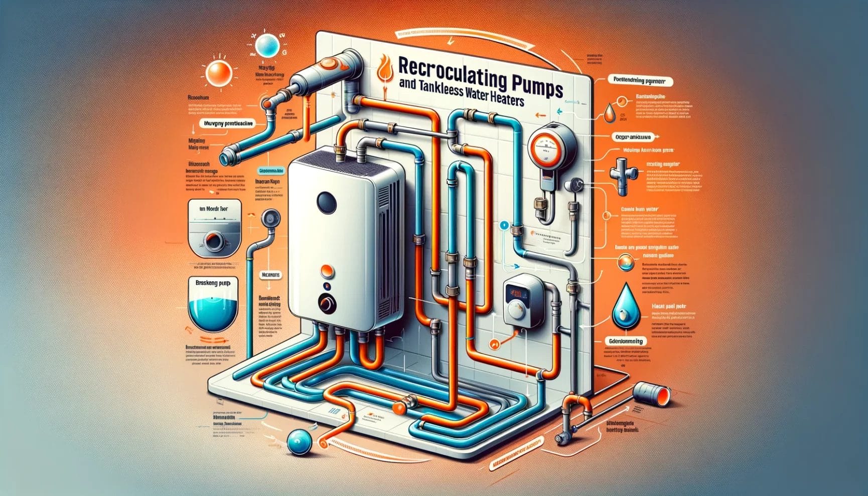 Illustration of a recirculating pump system with tankless water heaters and detailed labeled components.