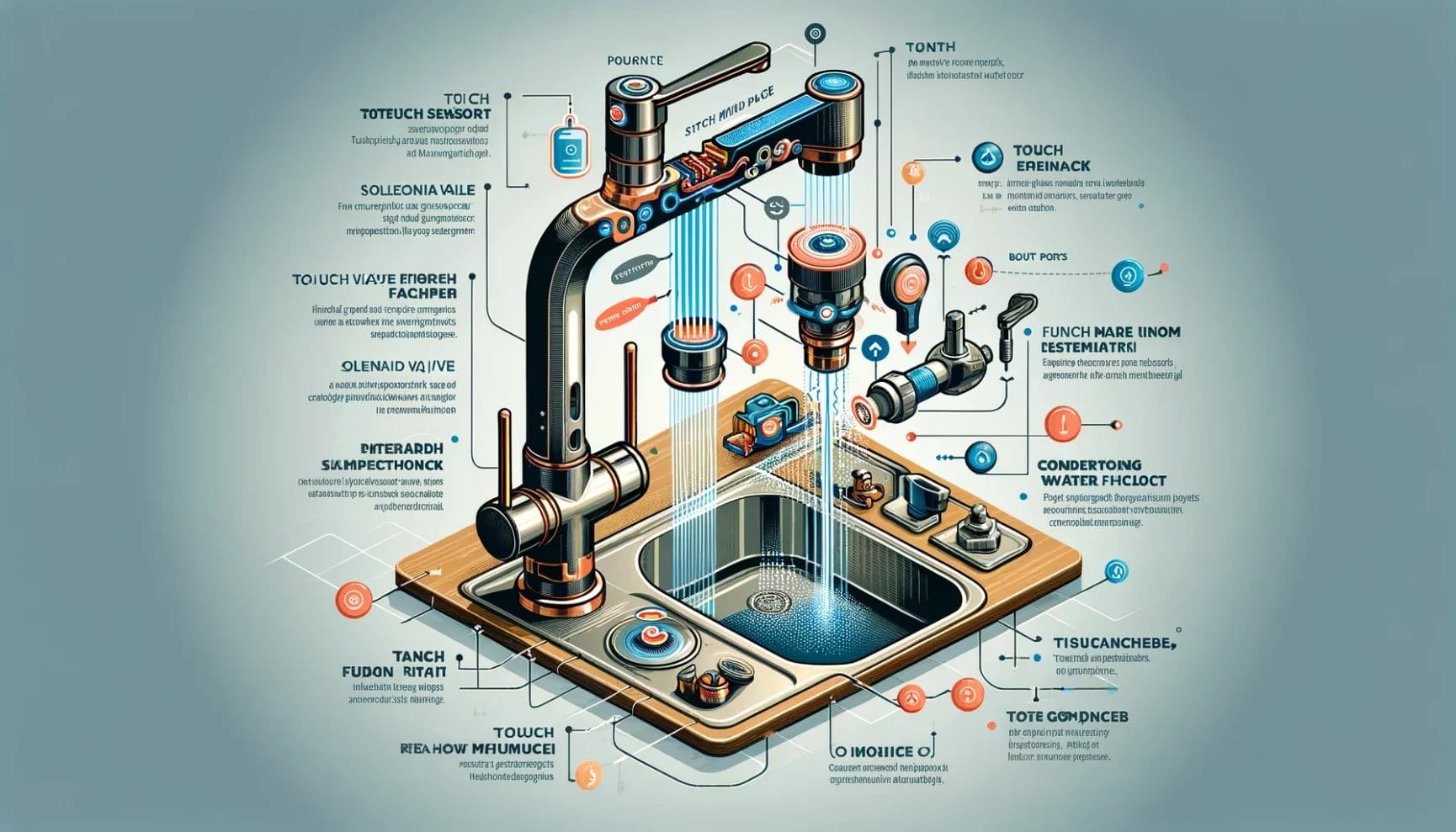 Illustration depicting the complex inner workings of a kitchen sink as a whimsical, mechanical contraption, annotated with playful technical descriptions.