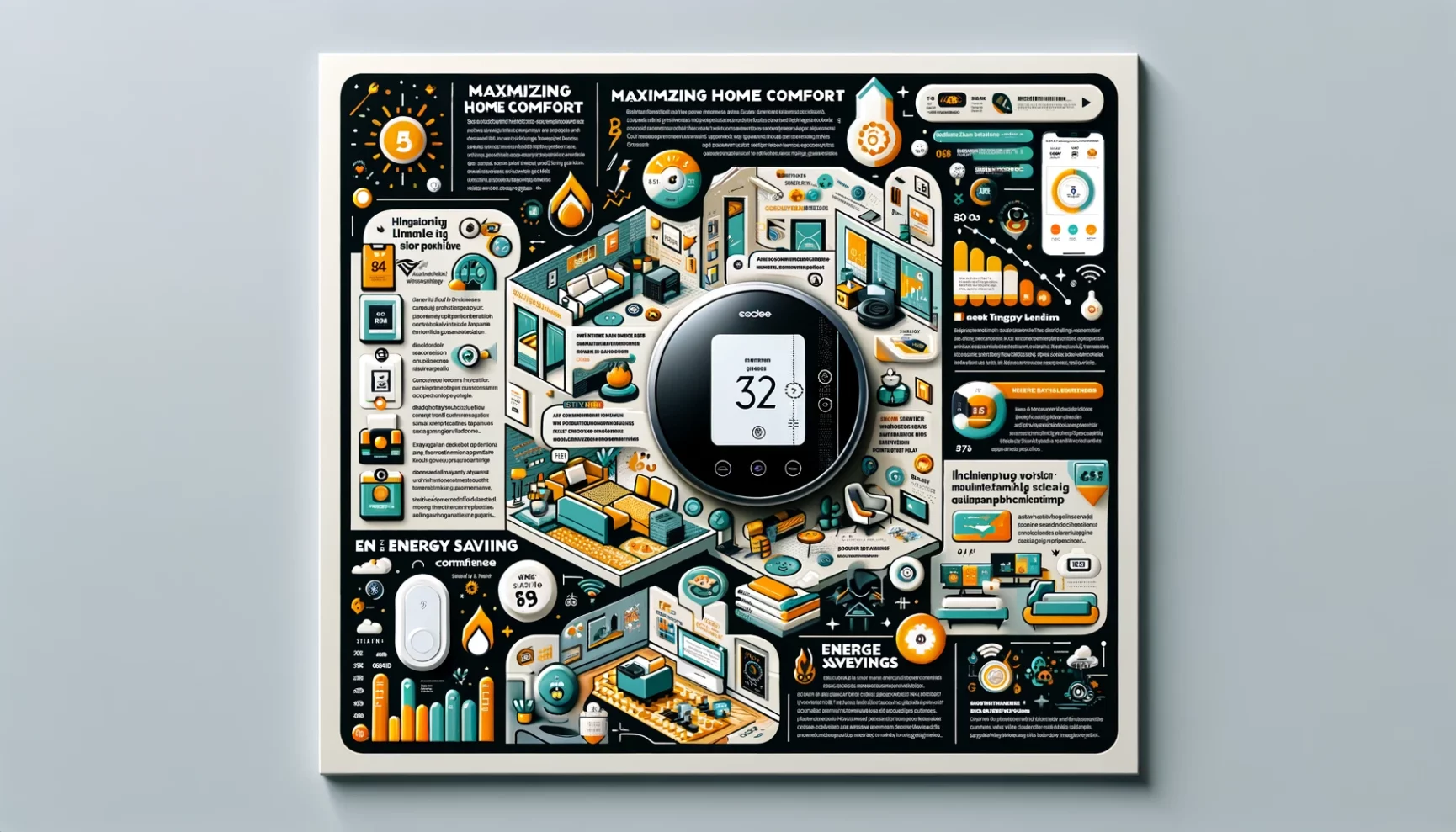 Illustrated guide to maximizing home comfort with a smart thermostat and various energy-saving tips.