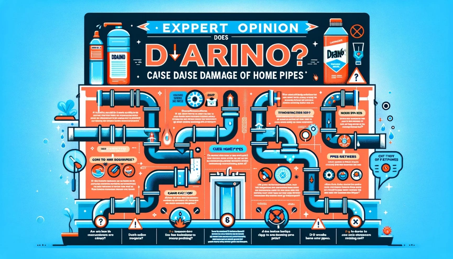 Illustrative infographic explaining the effects of a product called "d'arino" on home pipes with various icons and text sections.