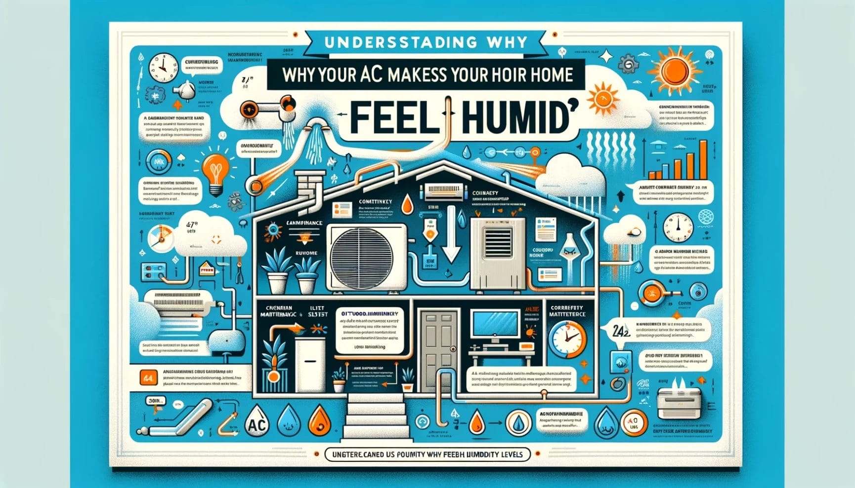 An informative infographic explaining why air conditioning makes a home feel humid, featuring various elements such as icons, text, and illustrations related to hvac systems and humidity concepts.