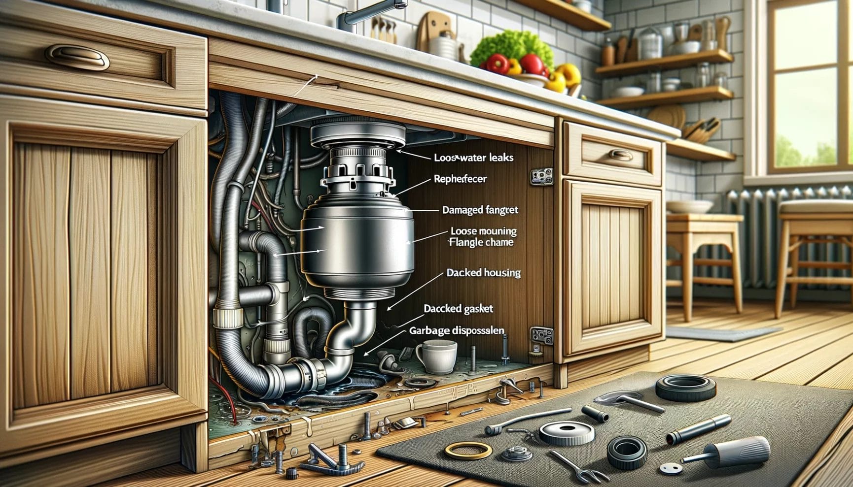 Kitchen cabinet cutaway revealing the internal plumbing and mechanisms of a garbage disposal, with labels indicating various parts and potential issues.