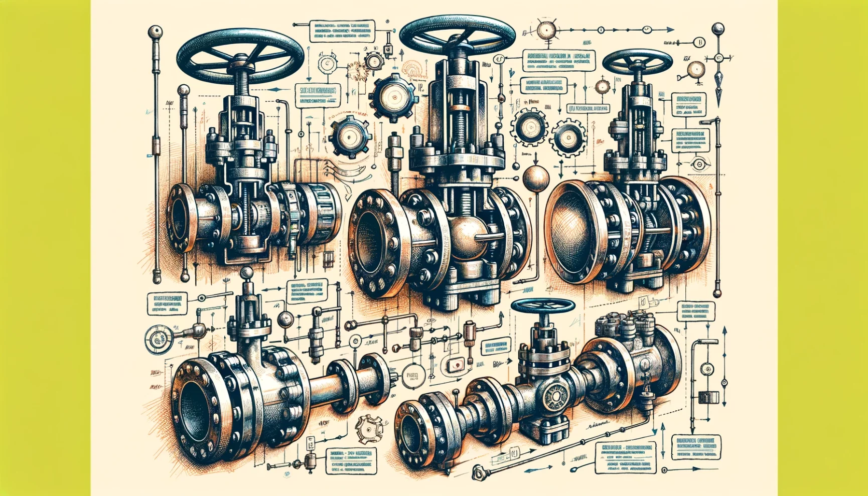 Technical illustration of various industrial valves with annotations.