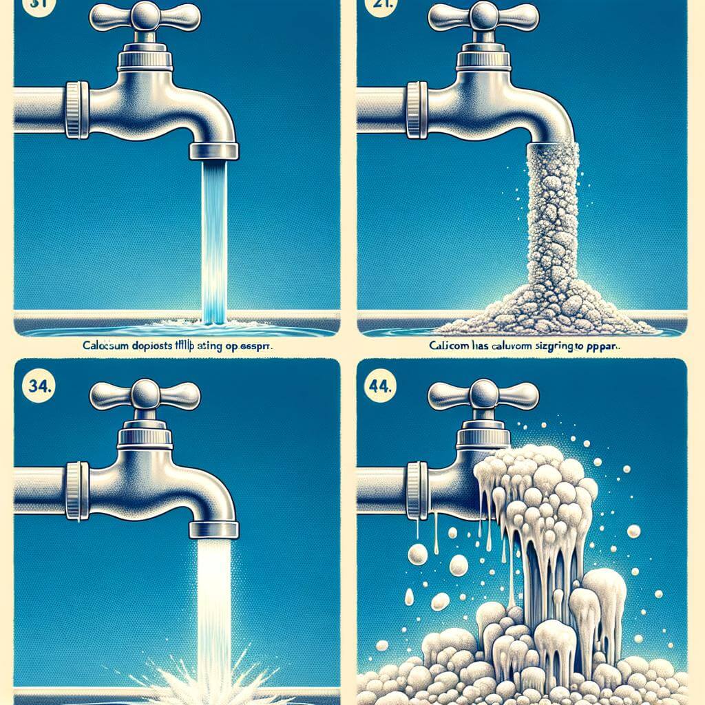 A series of four illustrations depicting the stages of a water tap becoming clogged with mineral deposits over time.