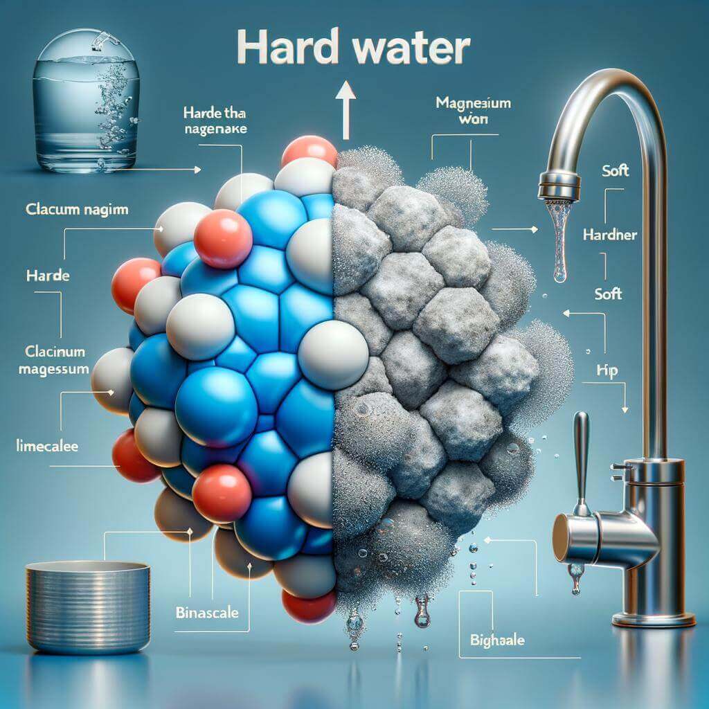 An illustrative diagram showing the molecular composition and physical appearance of hard water, including solutions for build-up on plumbing.
