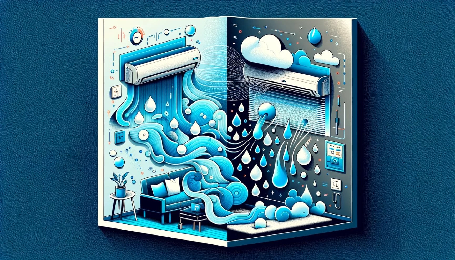 An illustrative 3d artwork depicting an air conditioning unit cooling a stylized indoor space with exaggerated streams of cold air and water droplets.