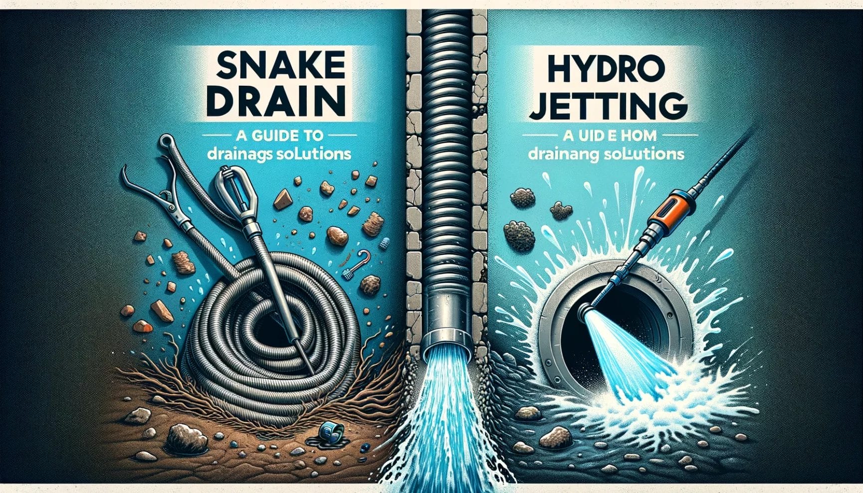 Graphic comparison of snake drain and hydro jetting methods for clearing clogged pipes.