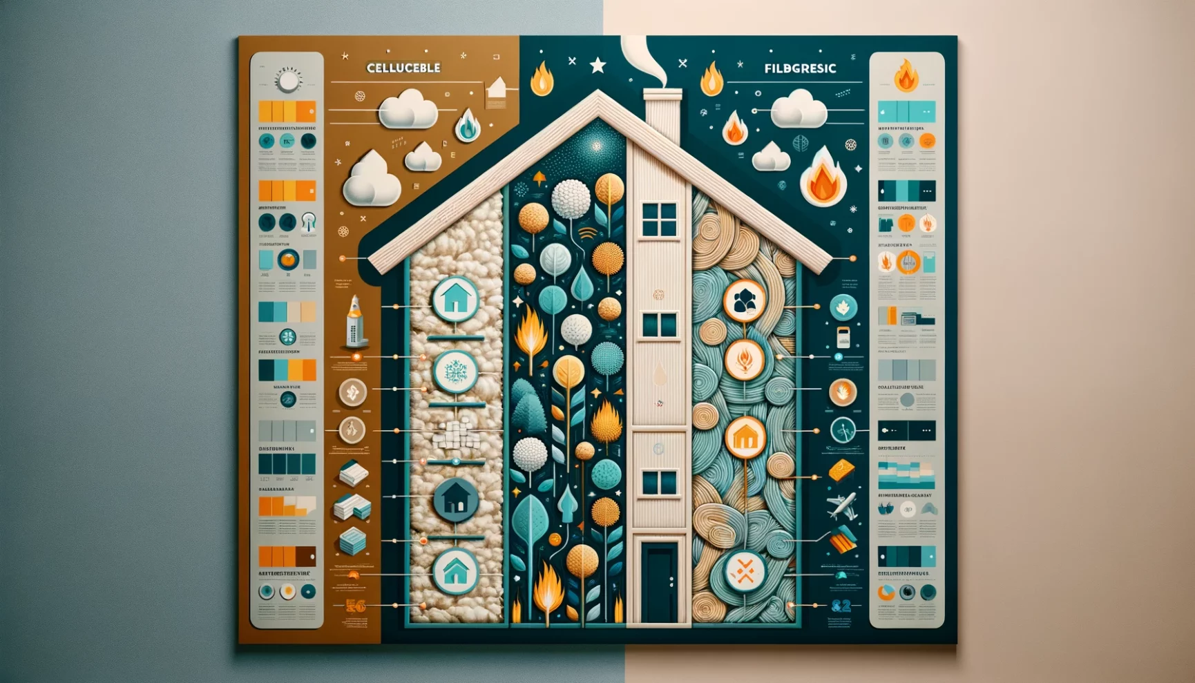 An infographic poster presenting weather-related data and symbols in a creative, building-shaped layout.