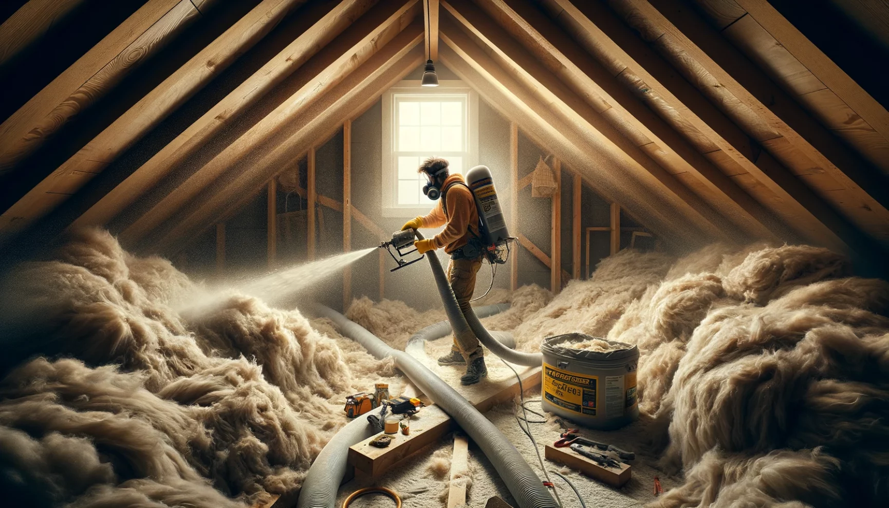 Worker installing insulation in an attic using a hose.