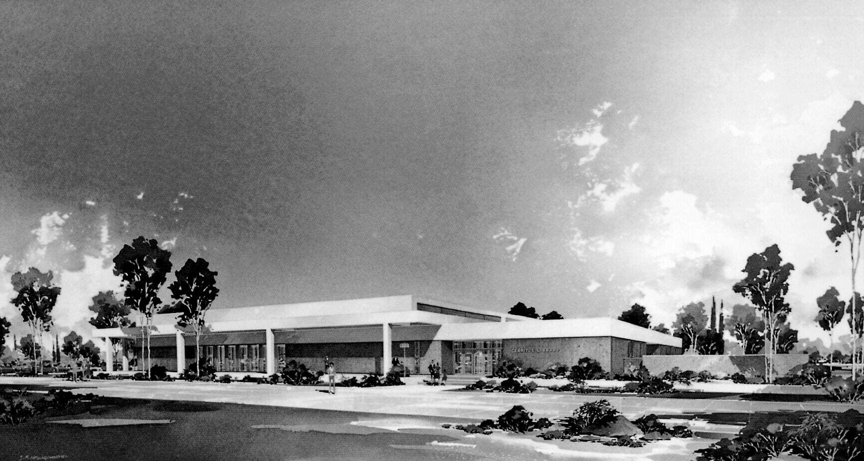 Mid-20th century architectural rendering of a modernist style building with landscaped surroundings.