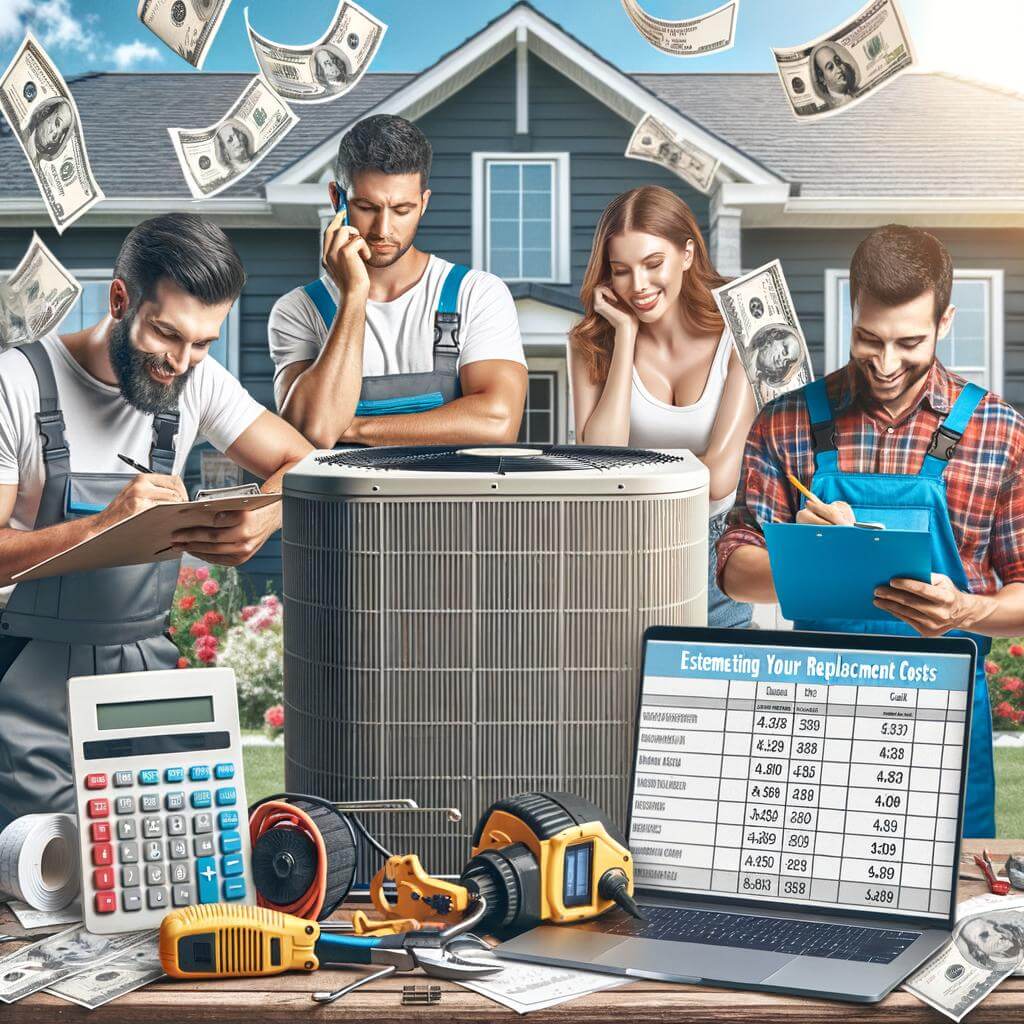 Group of people calculating home air conditioning replacement costs amidst various tools and money floating in the air.