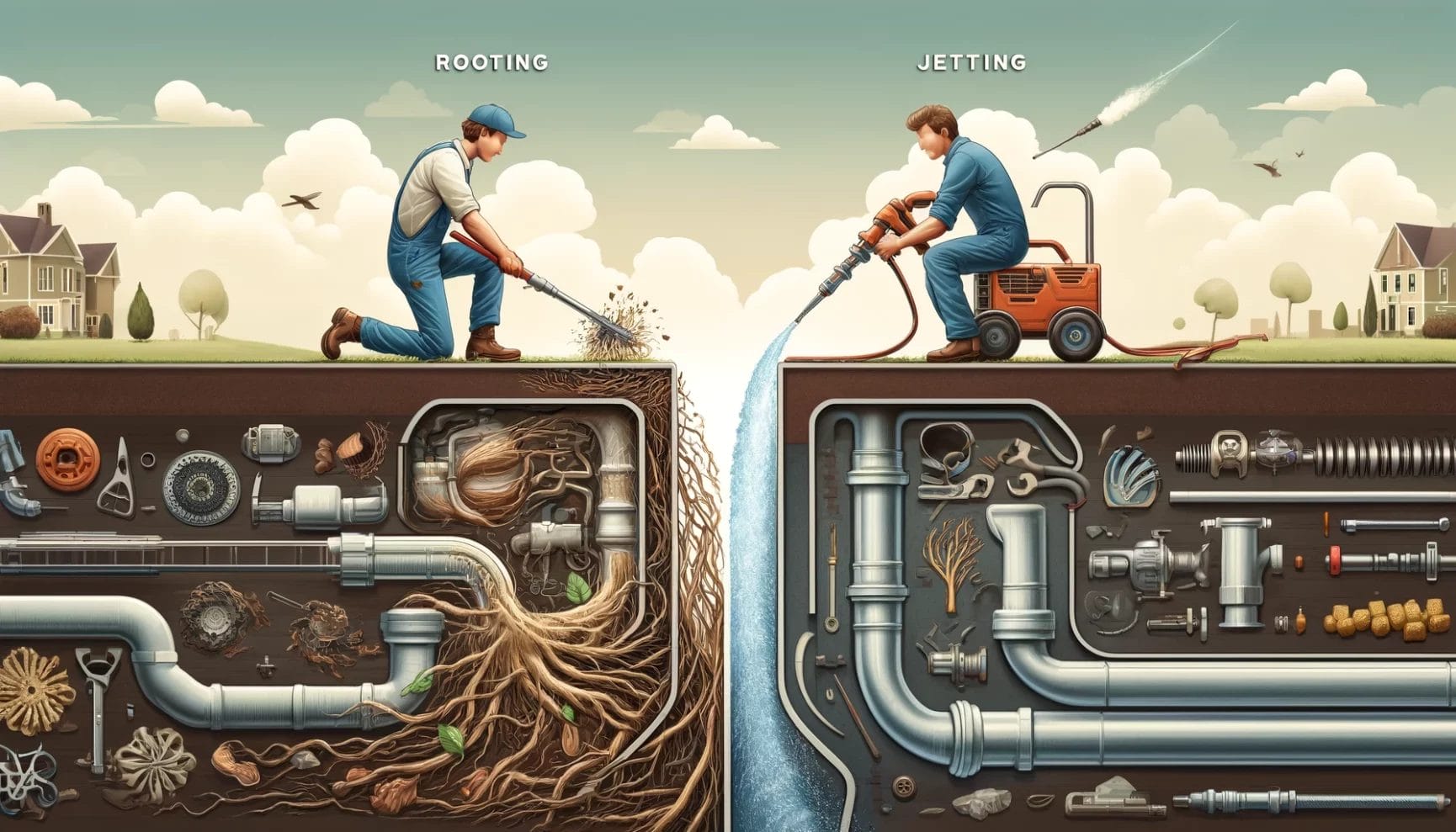 Depiction of plumbing professionals performing rooting and jetting services to clear underground pipes, shown in a cross-sectional illustration of the soil layers and pipes.