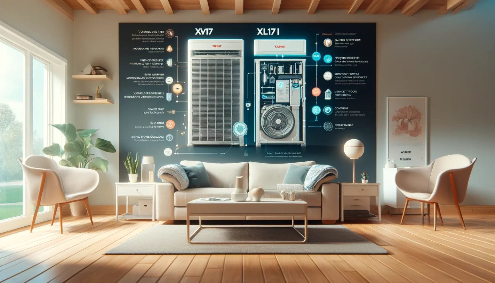 A modern living room with an augmented reality display showcasing technical specifications of household appliances.