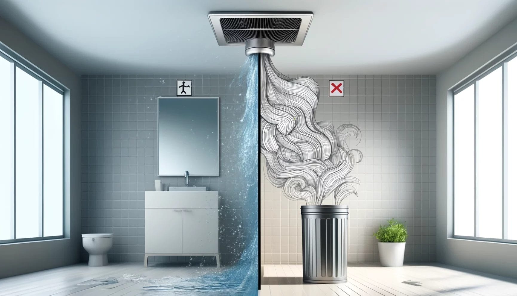 A surreal image of water flowing artistically from a showerhead into a trash can in a modern bathroom setting.