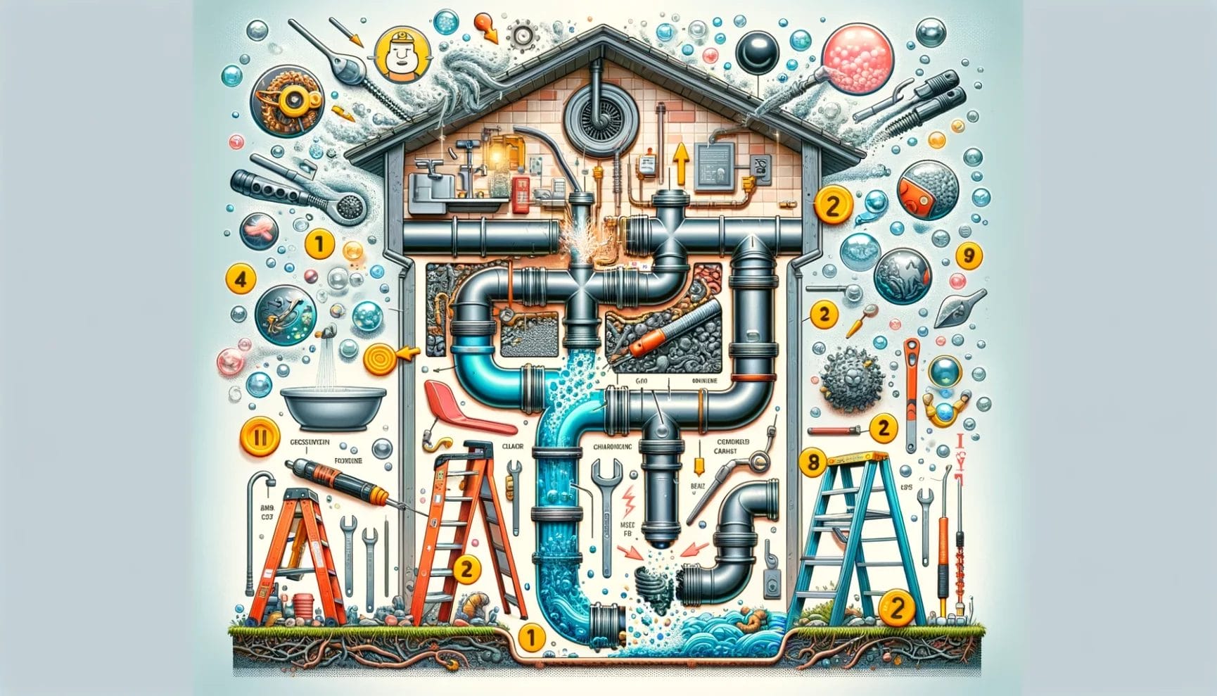 Cross-section of a stylized house with whimsical plumbing, surrounded by various scientific and cosmic elements.