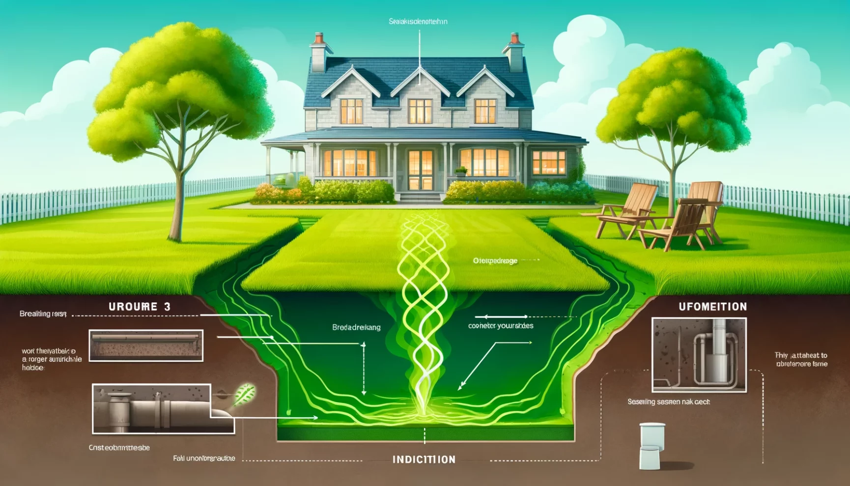 Illustration of a house with a cross-section view showing geothermal heating and cooling processes.