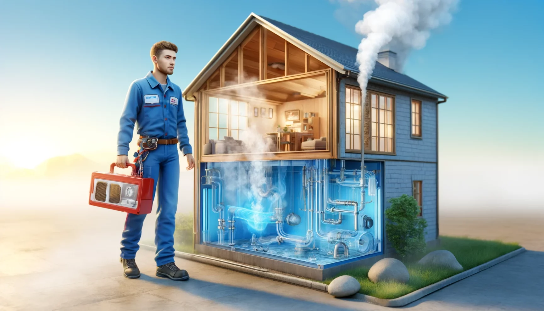 A technician with a toolbox beside a transparent cutaway illustration of a house with visible plumbing and heating systems.