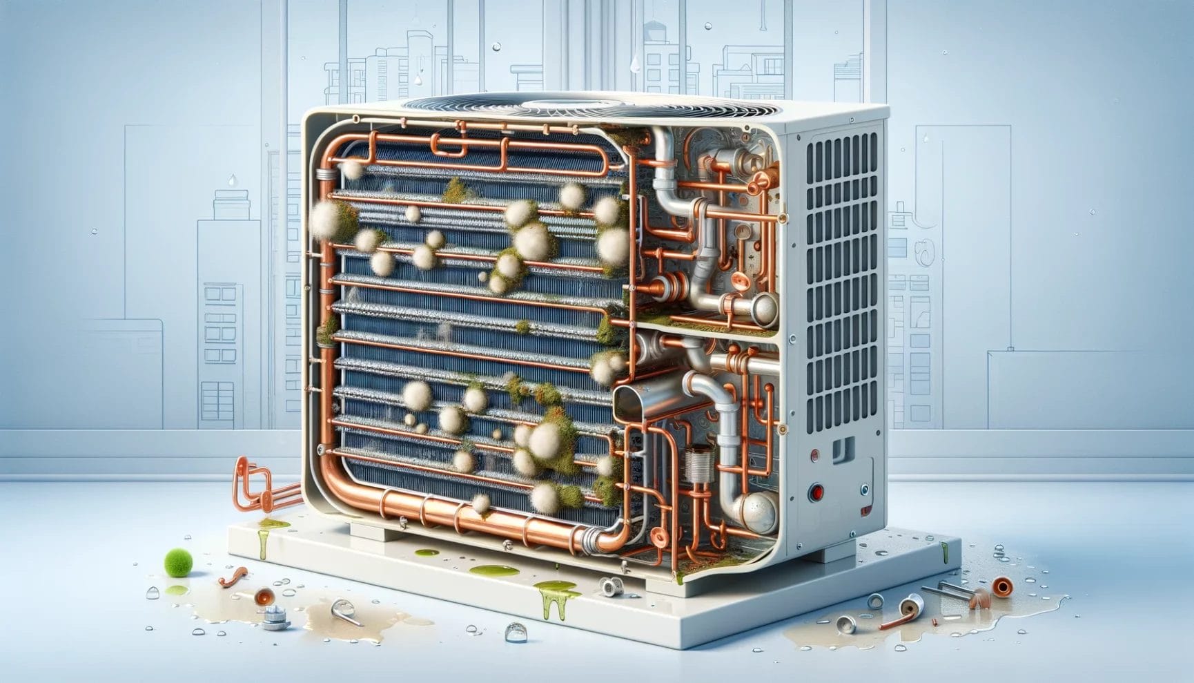 Illustration of an air conditioner unit with a cutaway view revealing the internal components and piping system.