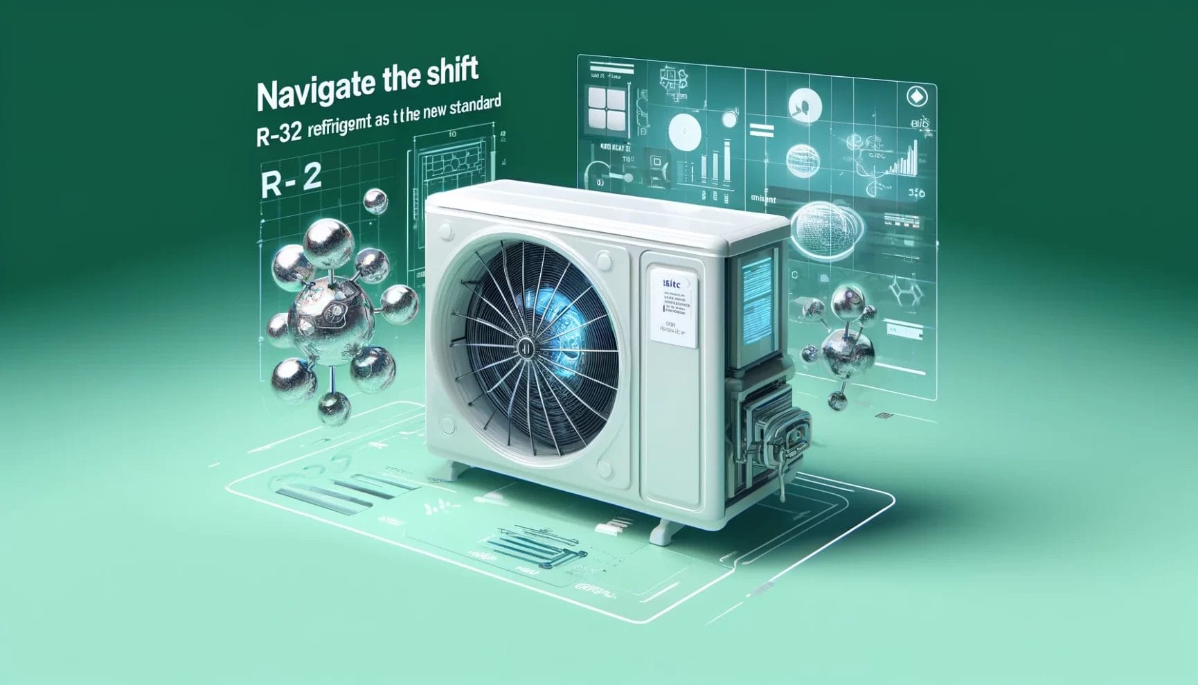 Air conditioner unit with holographic display showcasing r-32 refrigerant technology on a green background.