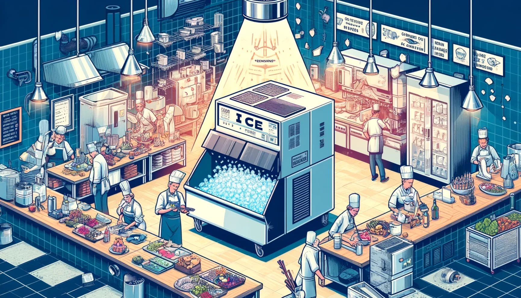Illustration of a busy restaurant kitchen with chefs preparing food and an oversized ice machine in the center.