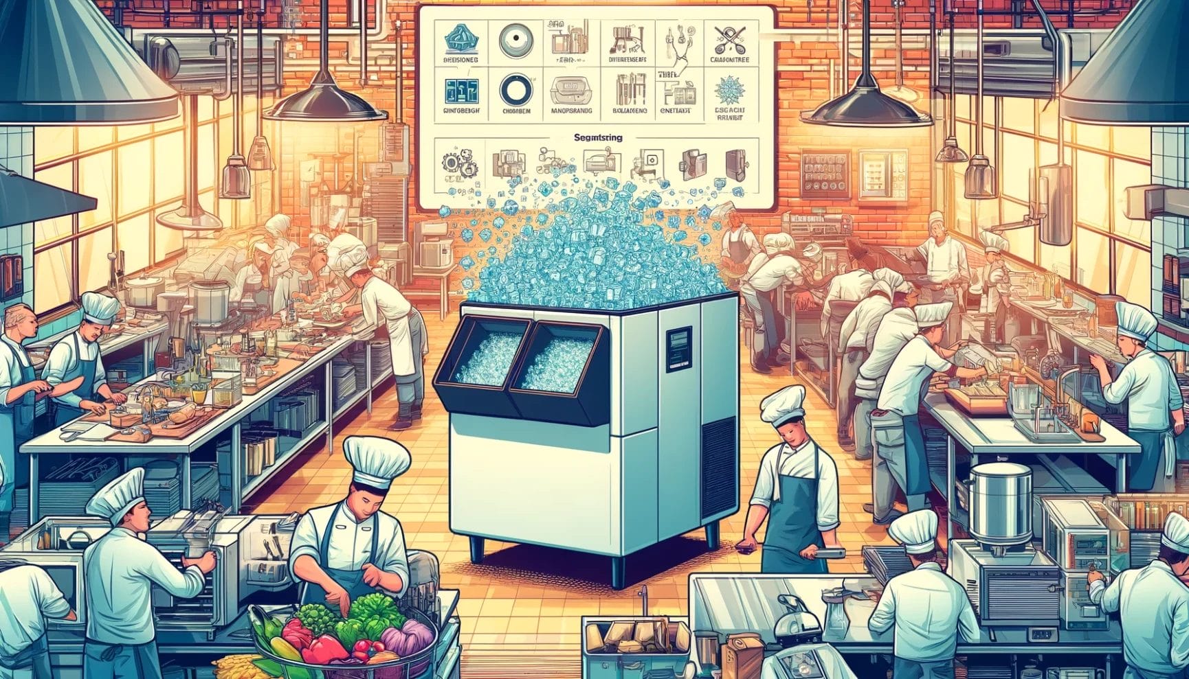 A bustling restaurant kitchen filled with busy chefs and a large, futuristic cooking device with a transparent, bubbling top in the center.