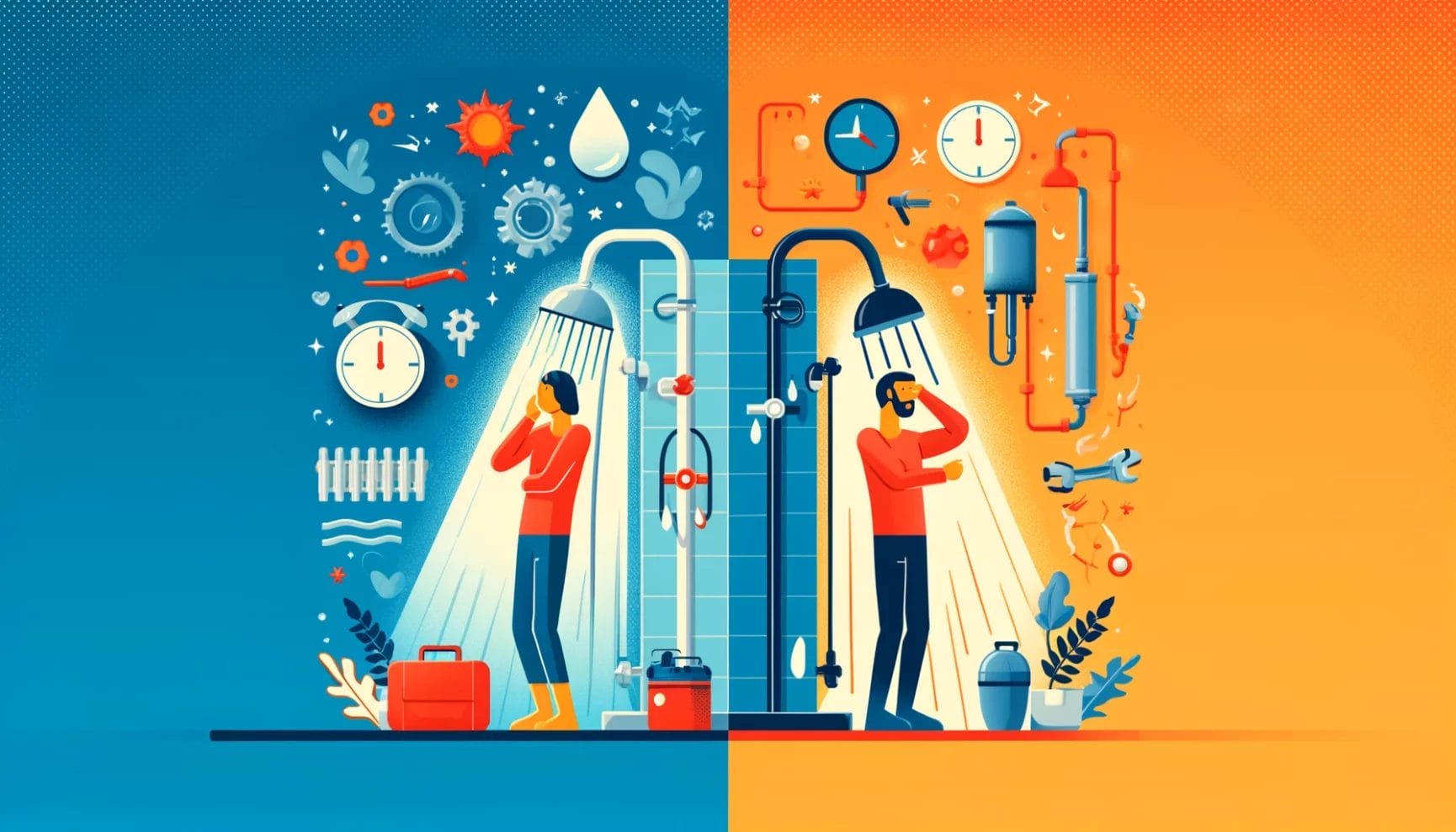 Graphic illustration comparing water usage during a shower, with one side showing a wasteful and lengthy shower versus the other depicting a conservation-minded, shorter shower time.