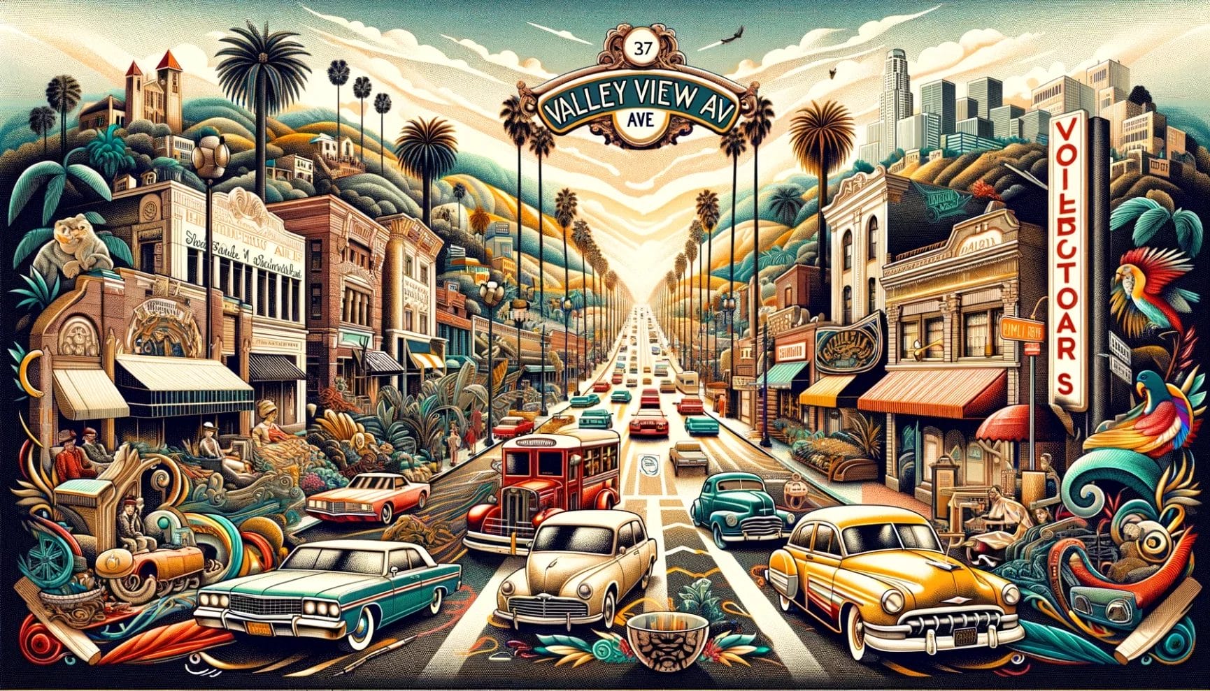 A vibrant, stylized illustration of a retro-themed street scene with classic cars and iconic hollywood imagery, featuring lush surroundings and a dynamic color palette.