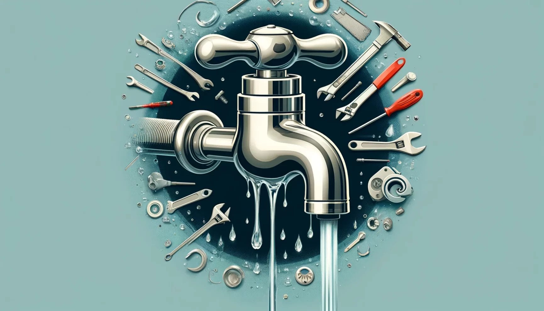 A tap with water droplets surrounded by an array of tools and mechanical parts on a blue background.