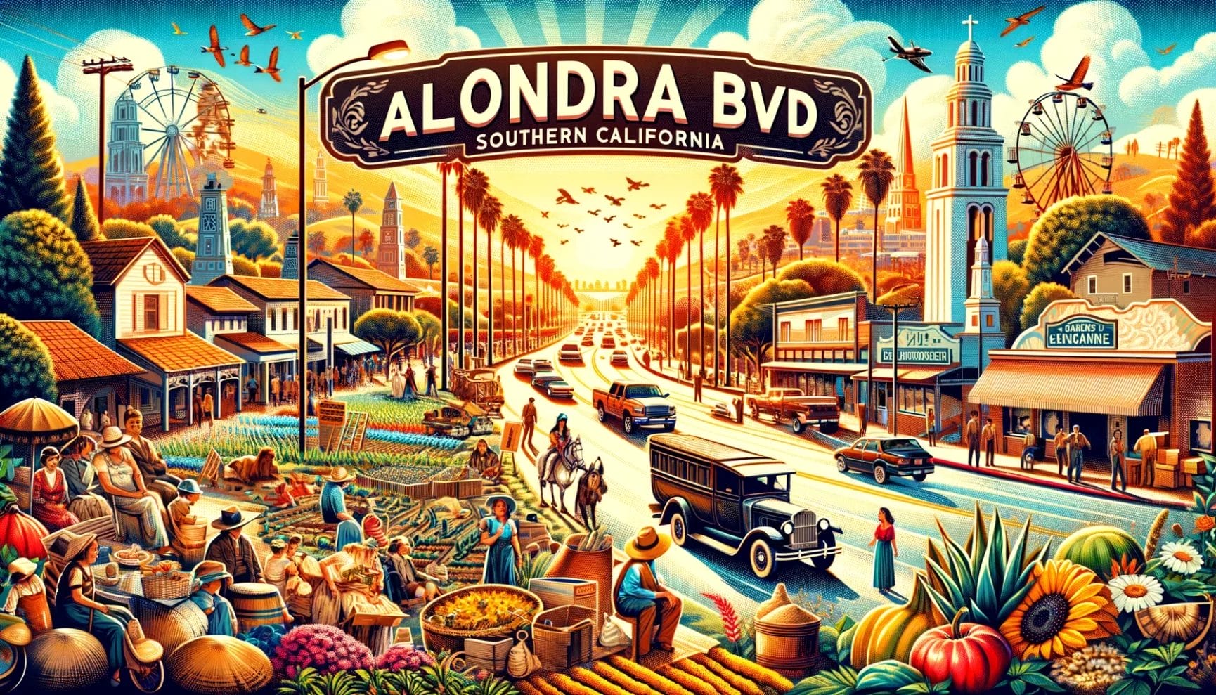 A vibrant, detailed illustration depicting a bustling street scene on alondra boulevard in southern california, featuring local culture, architecture, and life.