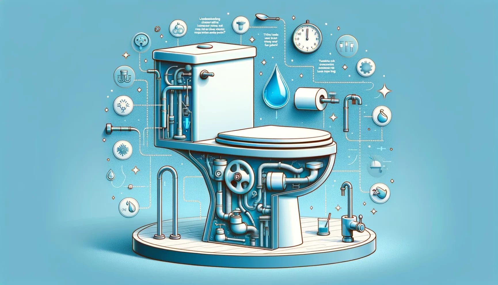 Exploded view illustration of a toilet's plumbing system with floating components and water-related icons on a blue background.