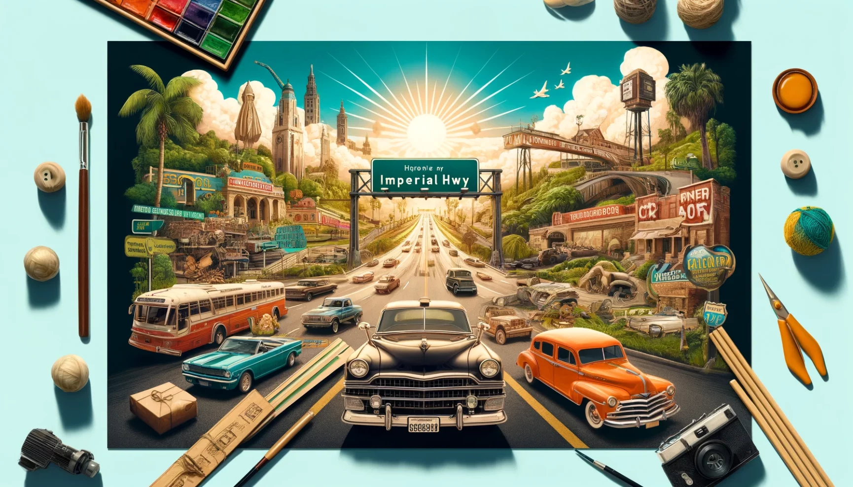 A stylized illustration featuring a vintage car on a road leading to a cityscape, surrounded by various artistic and nostalgic elements against a blue sky background.
