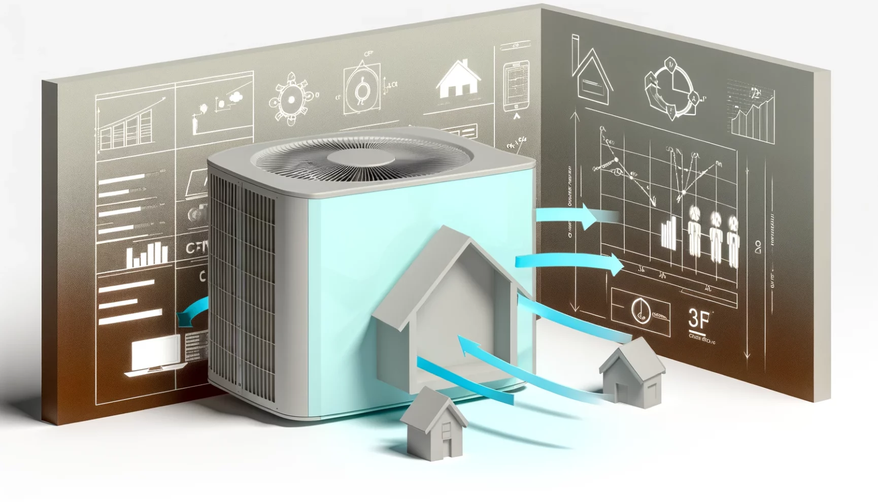 Central air conditioning unit with graphical performance analytics and airflow around a house symbol, illustrating hvac system efficiency concept.