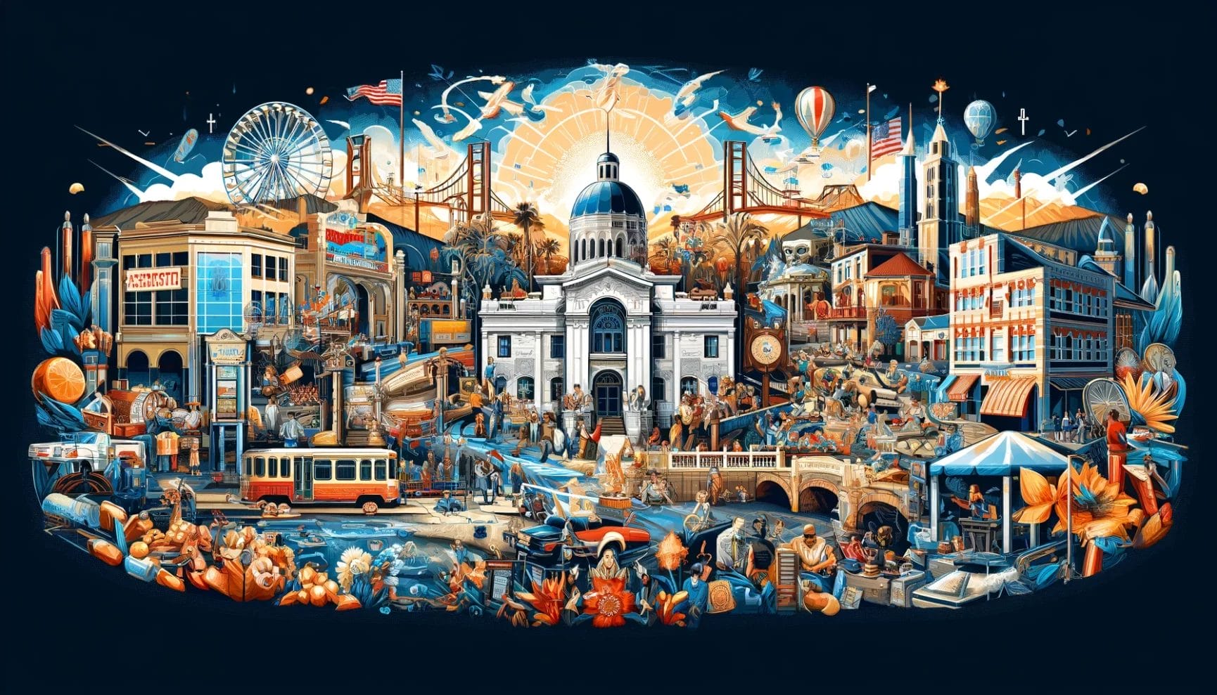 A vibrant and detailed illustration featuring a central building with various cultural, historical, and modern elements of city life and entertainment surrounding it.