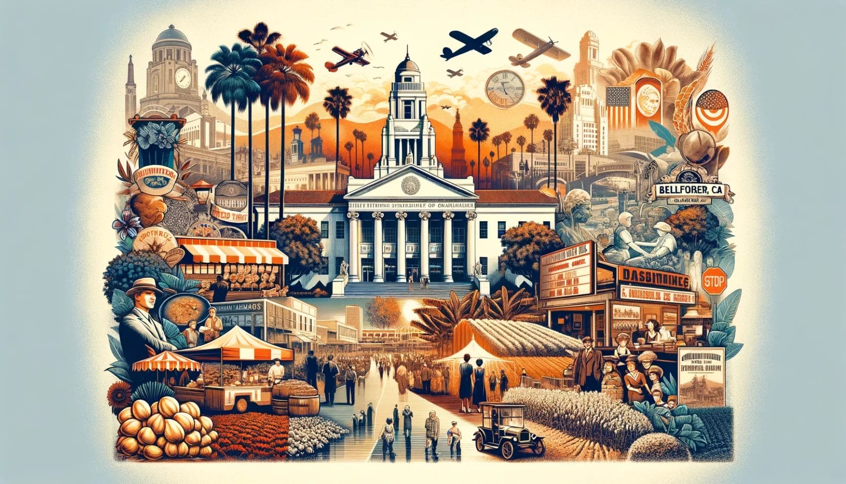 An illustrated collage showcasing various cultural and historical landmarks, symbols, and activities associated with california.