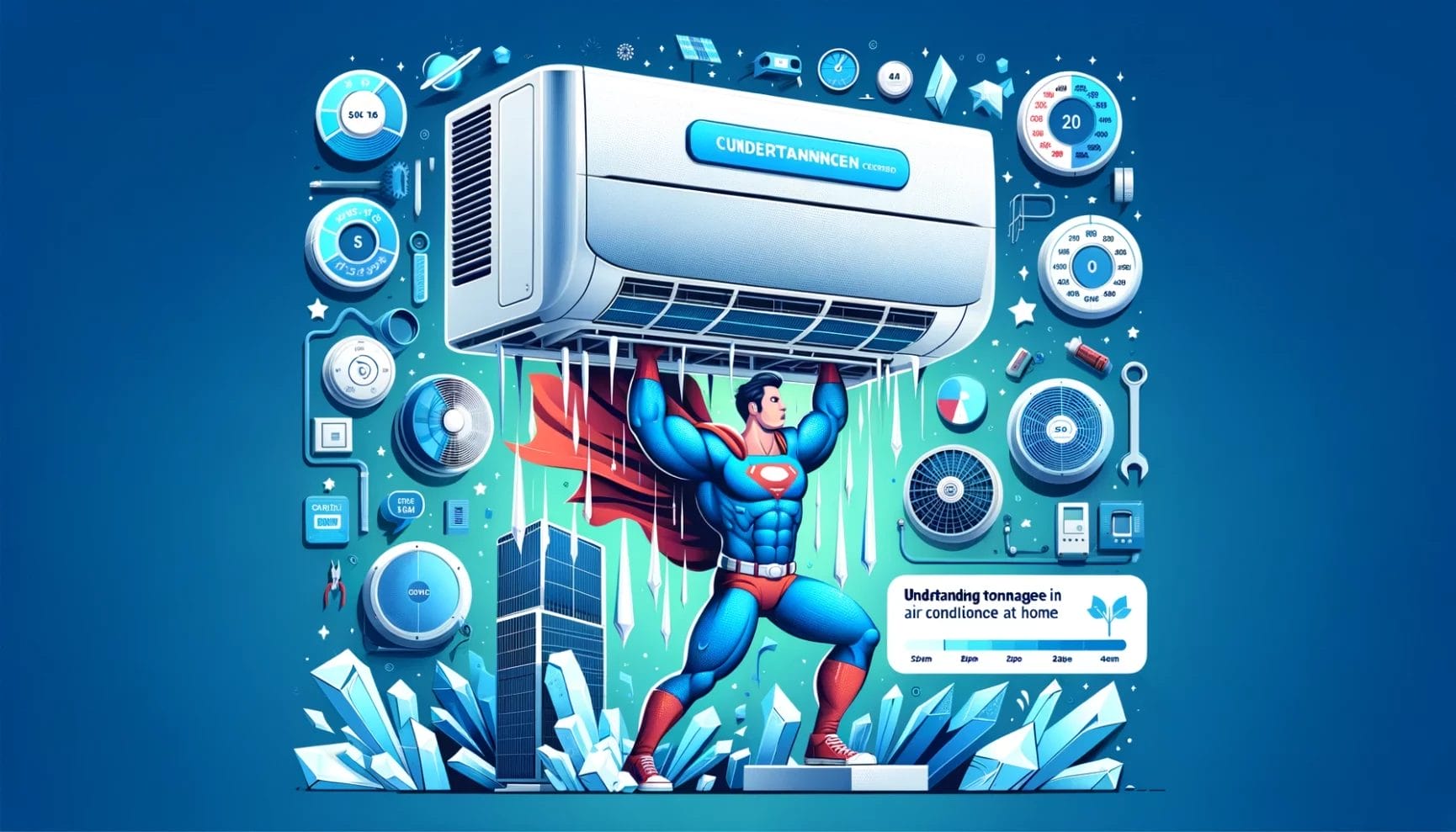 Superhero character showcasing the components and maintenance of a home air conditioning system.
