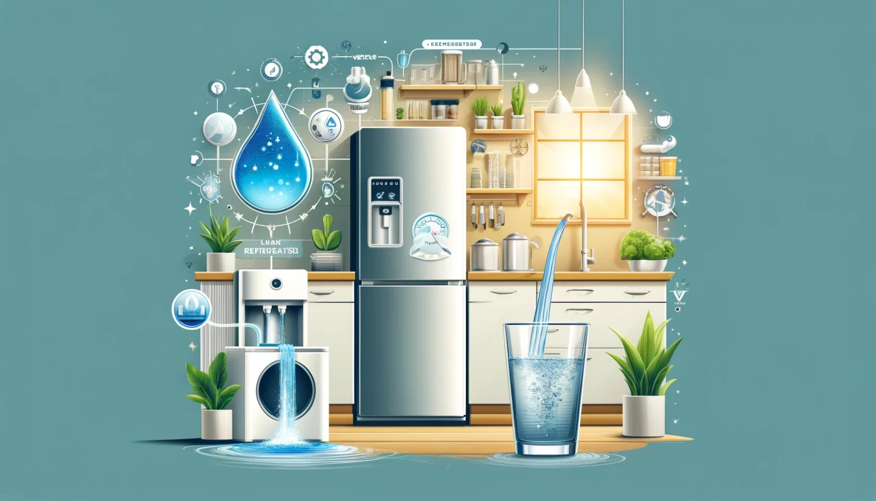 An illustrated concept of a smart kitchen focusing on water purification and appliance connectivity.