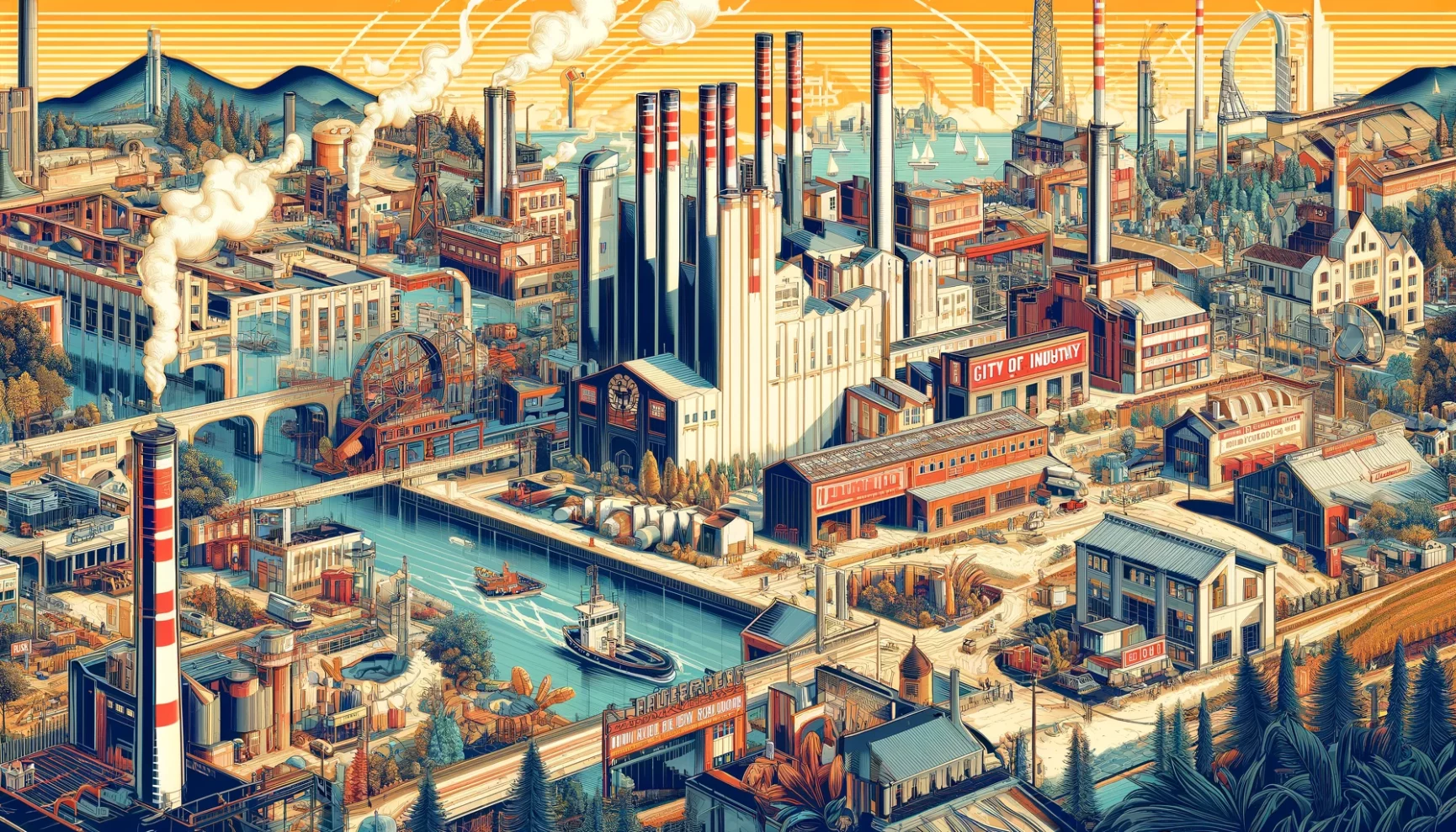 Illustrated industrial landscape with factories, smokestacks, and a waterway.