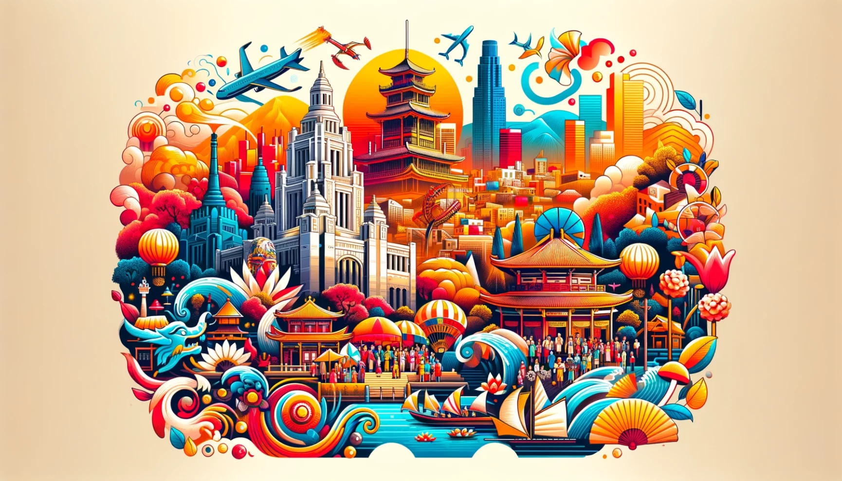 Colorful and intricate illustration blending traditional and modern elements to represent a vibrant cityscape.
