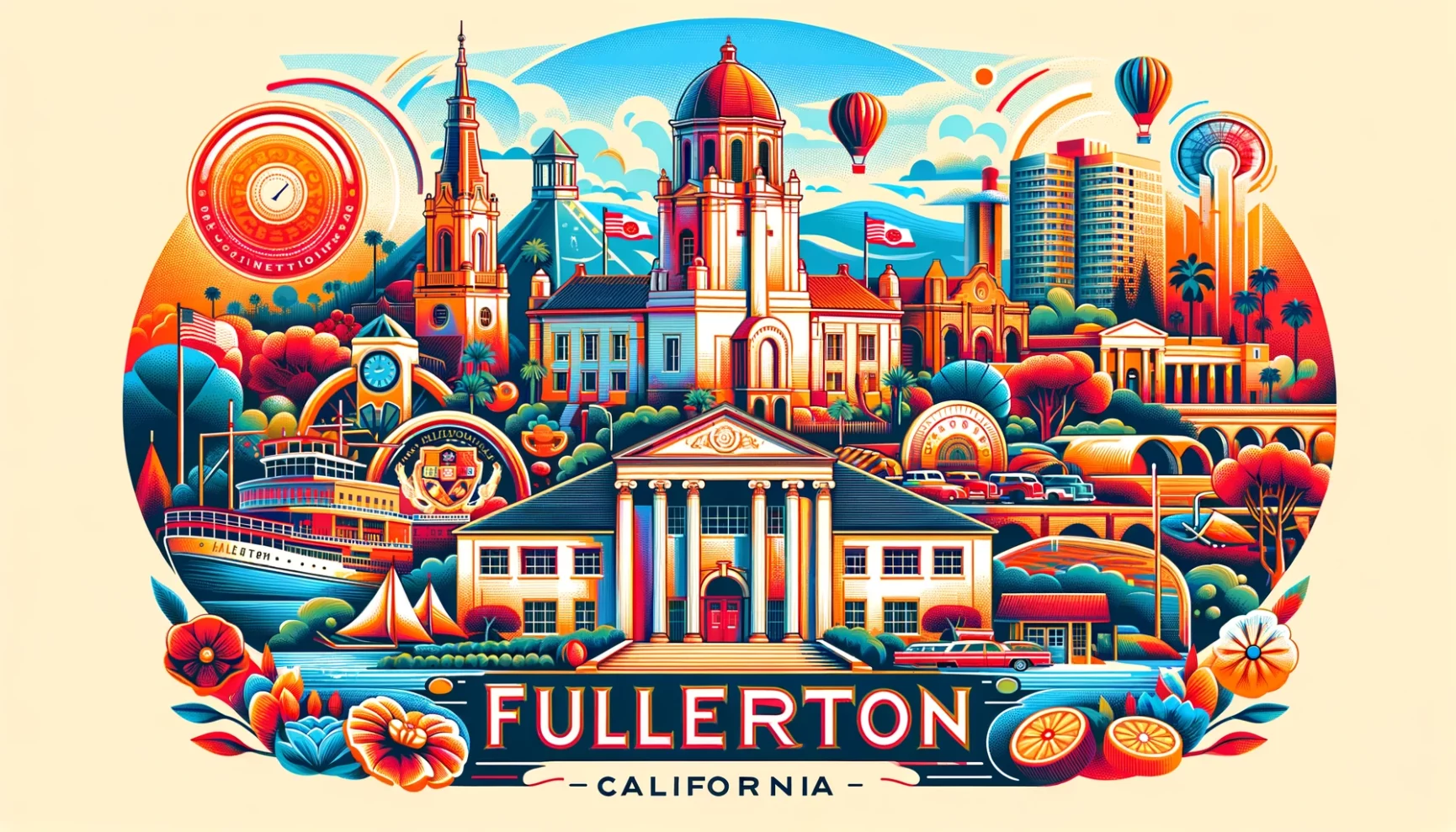 Colorful, stylized illustration featuring landmarks and symbols representing fullerton, california.