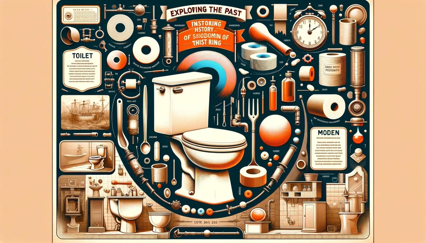 Infographic poster illustrating the history and technology of flushing toilets.