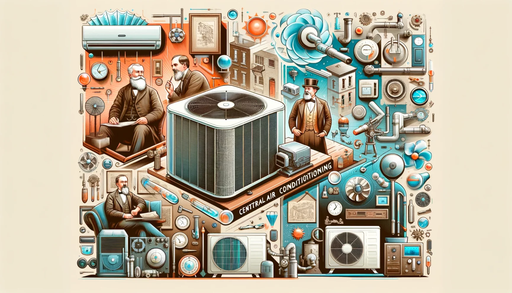 An illustrated collage showcasing the evolution and various components of central air conditioning systems.