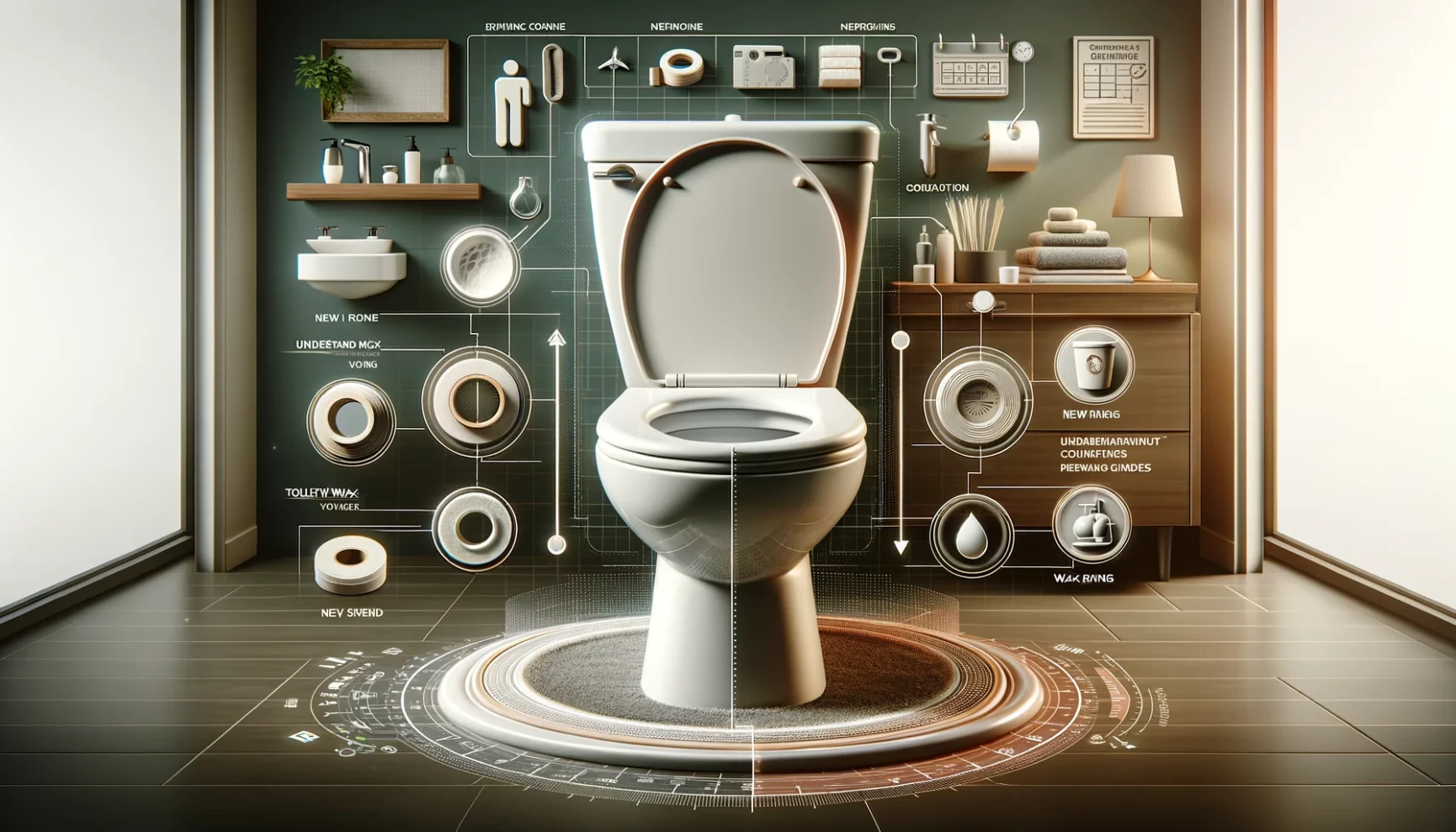 A conceptual illustration of a toilet with futuristic interface and features displayed around it.