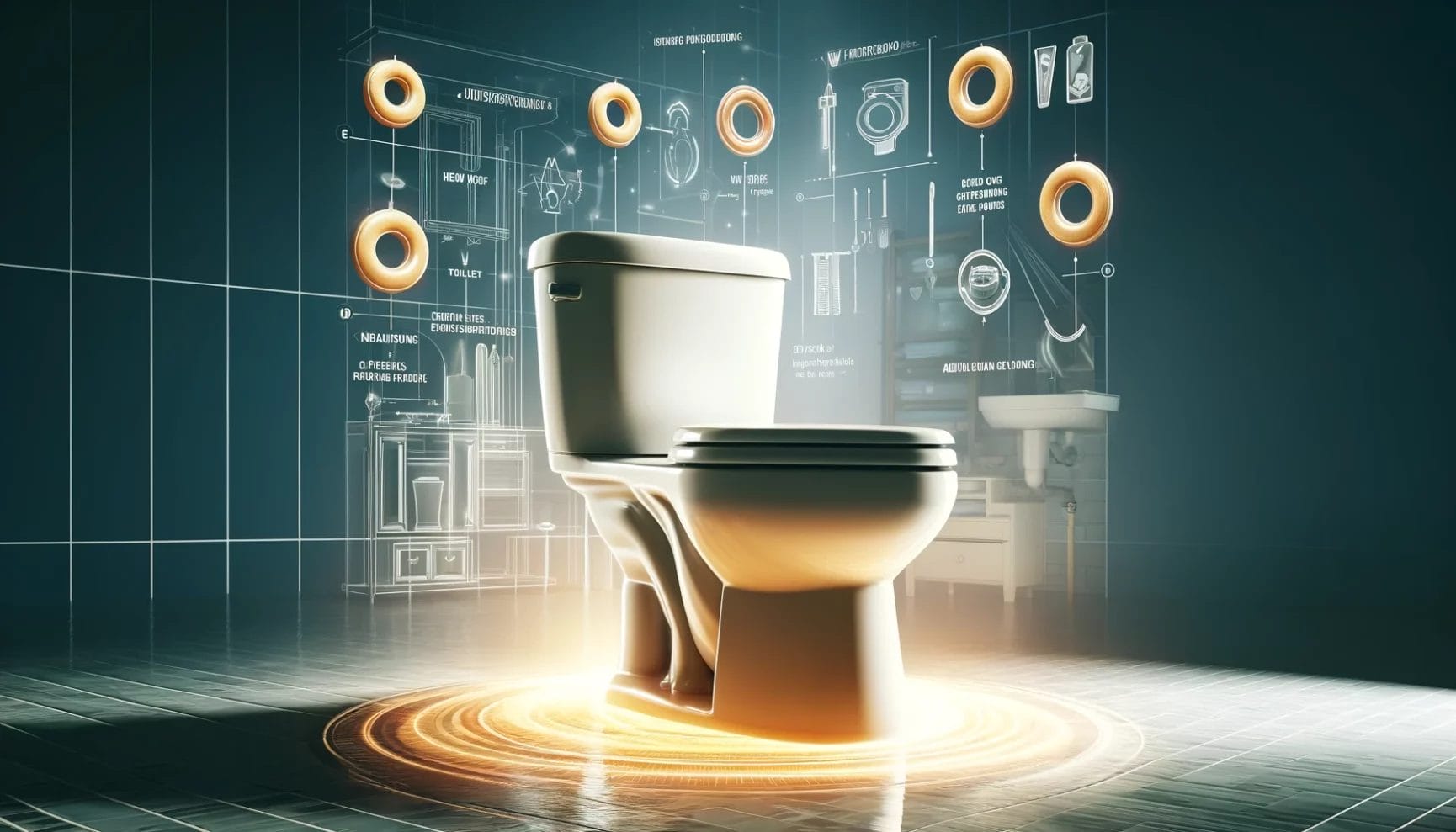 A modern toilet with futuristic holographic interface displaying technical specifications and data.