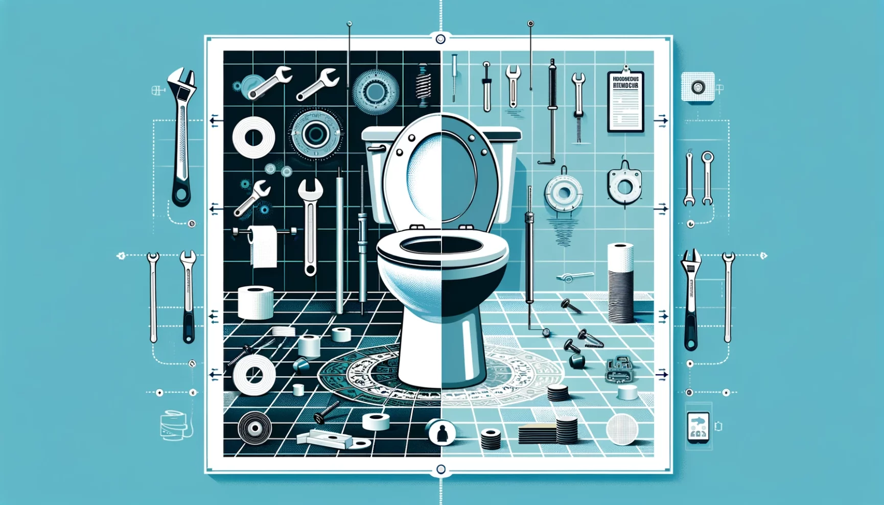 An illustration of a toilet with various plumbing tools and components arrayed around it in a schematic layout.